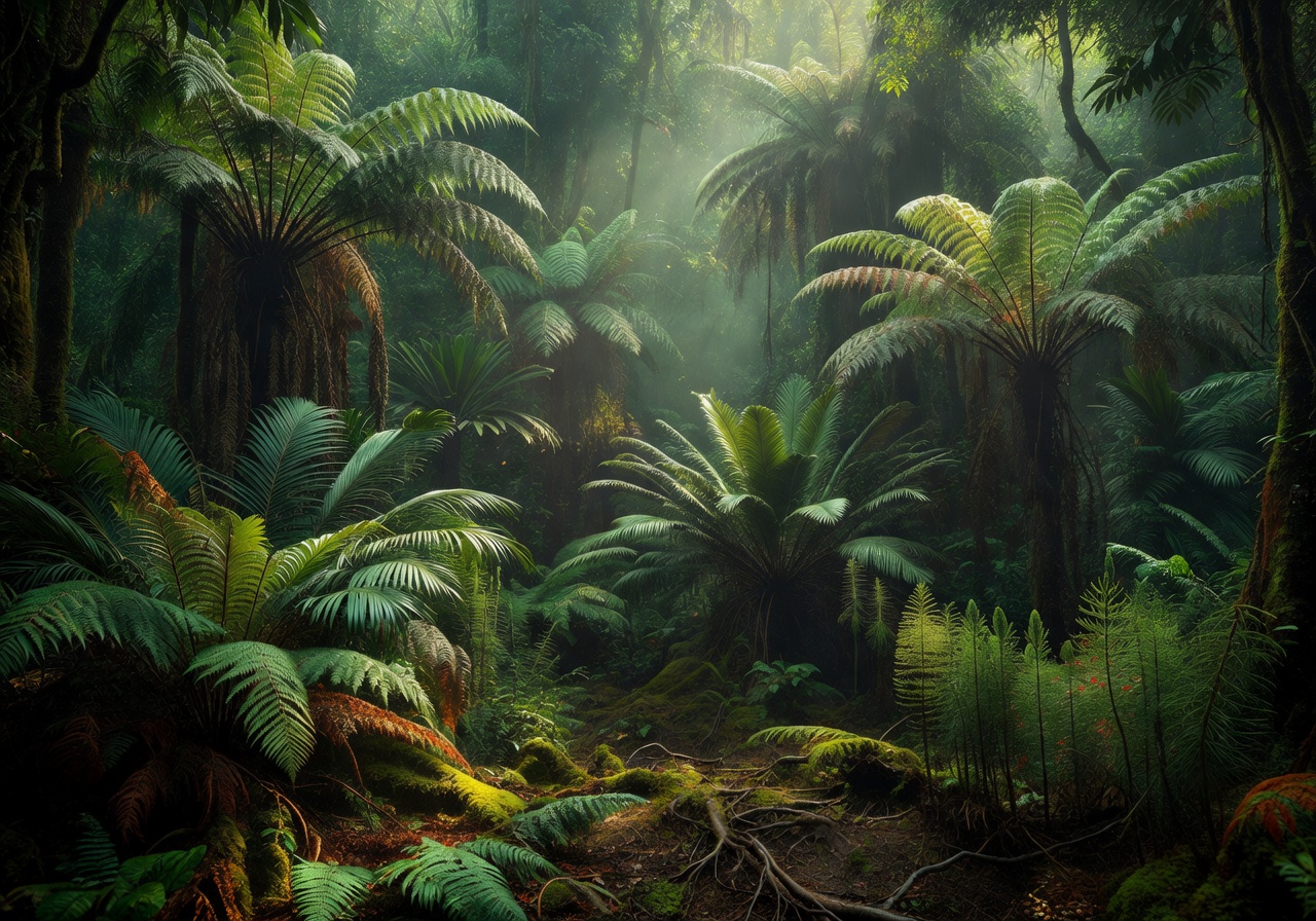Lush prehistoric jungle environment with ancient ferns